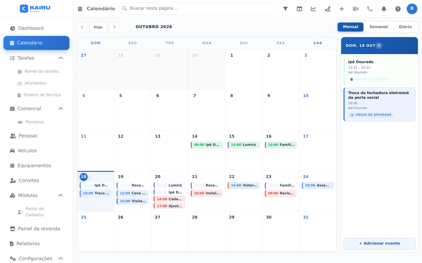 Tela real da plataforma: Calendário da equipe